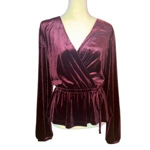LOFT Deep Burgundy Velvet Wrap Blouse
